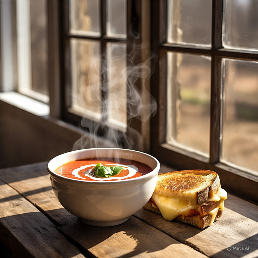 Tomato Basil Soup with Grilled Cheese